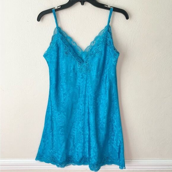 Vintage Victoria’s Secret Gold Label Turquoise Satin Slip Gown Sz Small - Picture 4 of 5